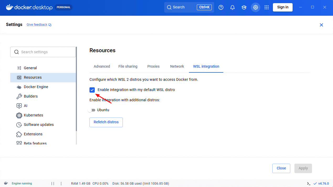 在Docker Desktop资源设置中启用WSL集成