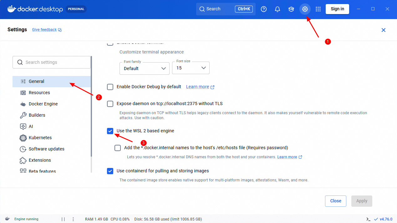 在Docker Desktop通用设置中启用WSL 2引擎